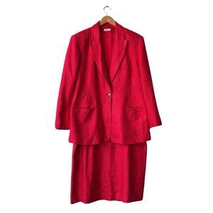 Vintage ANN MAY Woven Silk Skirt Suits Size 16 Red Single Button Career Holiday